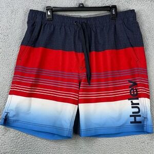 Hurley Mens‎ Lined Swim Trunks 2XL Blue Red Colorblock Drawstring Board Shorts